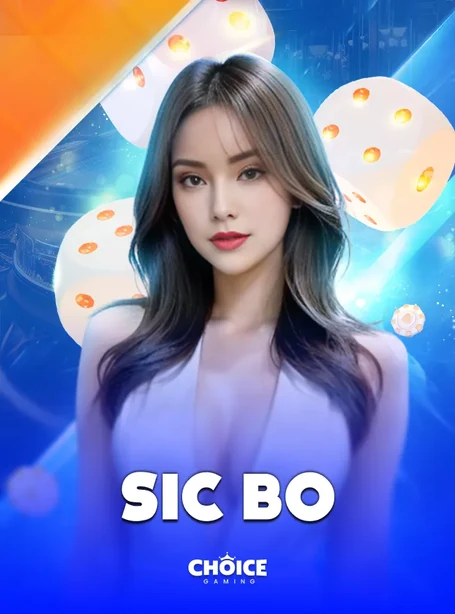 ภาพโต๊ะ Sic Bo พื้นฟ้า ผู้ดำเนินรายการหญิงผมยาวสวมชุดสีขาว