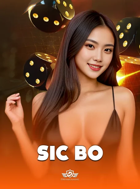 ภาพโต๊ะไฮโล Sic Bo ถ่ายทอดสด ผู้ดำเนินรายการหญิงถือลูกเต๋าพื้นสีน้ำตาล