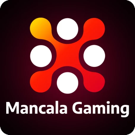 โลโก้ Mancala Gaming จุดกลมสีขาวส้มบนพื้นดำ