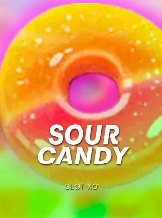 หน้าปกเกมสล็อตธีมขนมหวานสีสด ตัวหนังสือ Sour Candy