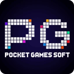 โลโก้ PG Pocket Games Soft ตัวอักษรพิกเซลสีขาว