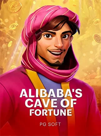 หน้าปกเกมสล็อตอะลาดินสวมผ้าโพกหัวสีชมพู Alibaba's Cave of Fortune