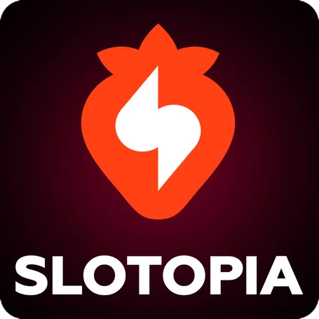 โลโก้ Slotopia ตัวอักษรขาวบนพื้นดำ มีสัญลักษณ์สีแดงส้ม