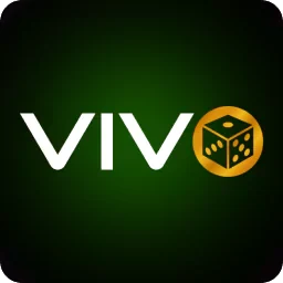 โลโก้ VIVO ตัวอักษรขาวมีลูกเต๋าที่ตัว O บนพื้นดำ